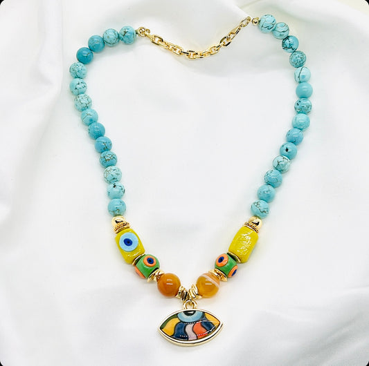 Turquoise Yellow Bead Necklace